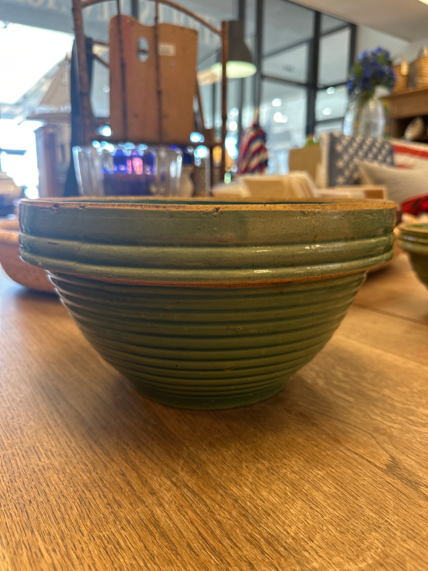 1940’s McCoy green ribbed bowl 11.5”