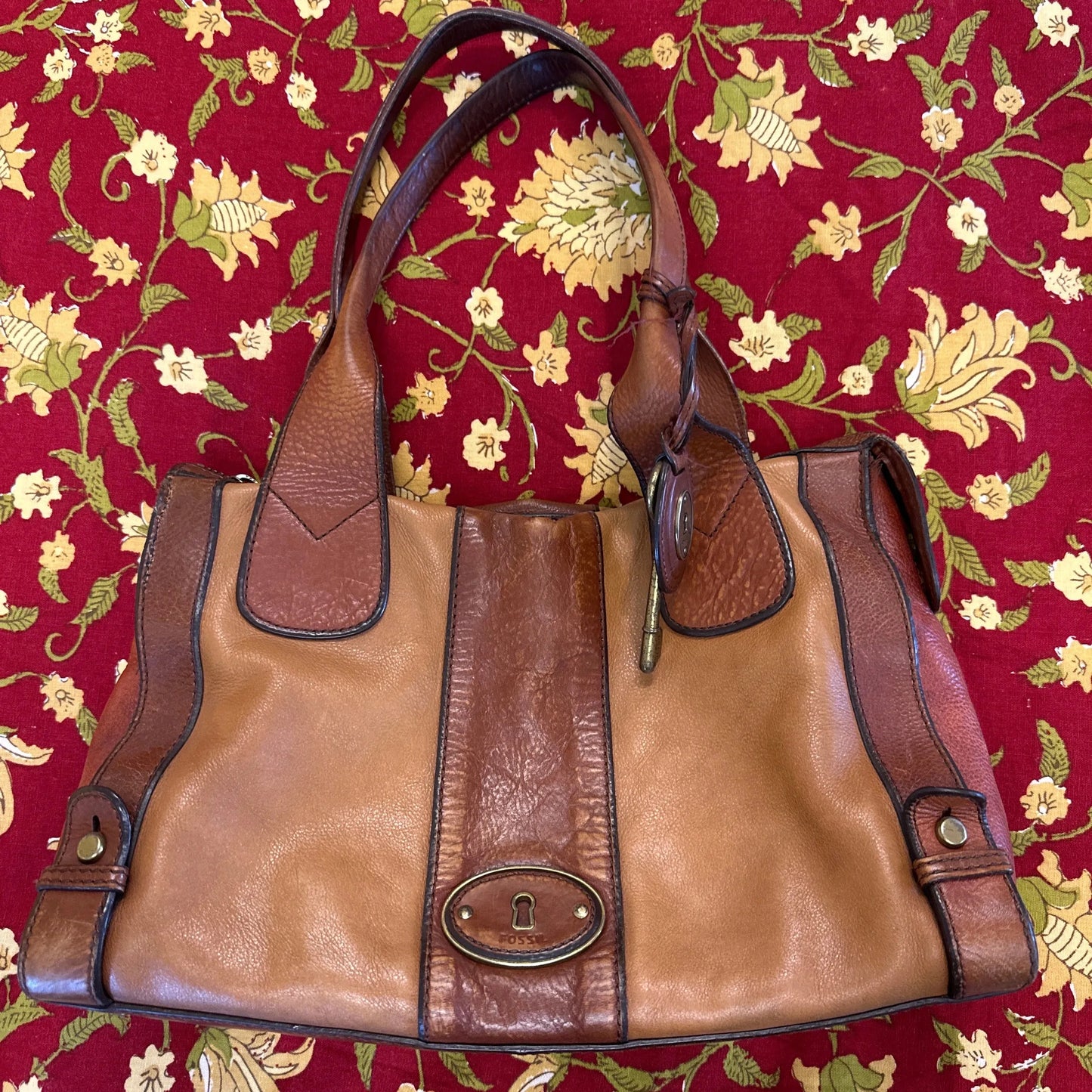 Vtg Fossil bag 2 tone brown leather