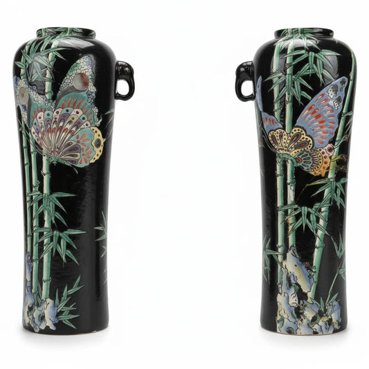 Pair tall Asian vases black green butterflies - Blue Springs Home