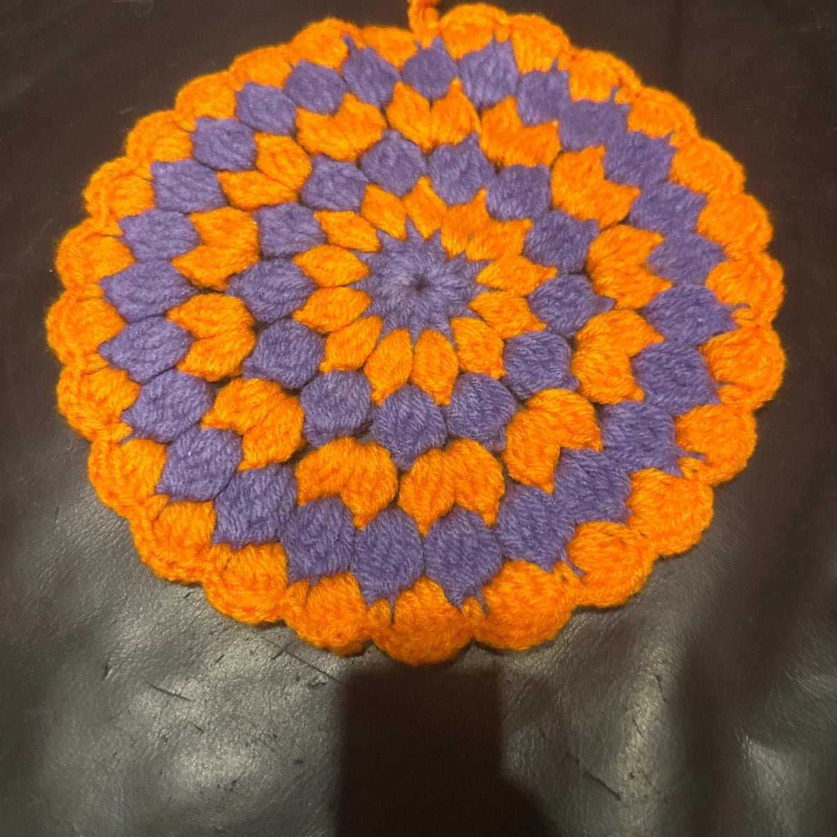 Vtg Crochet Potholder Orange Purple Round - Blue Springs Home