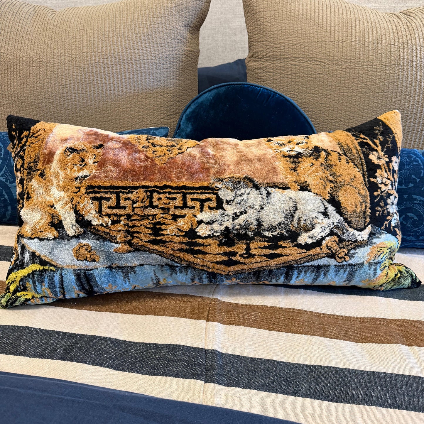 Vintage Tapestry Pillow Cats Playing Chess
