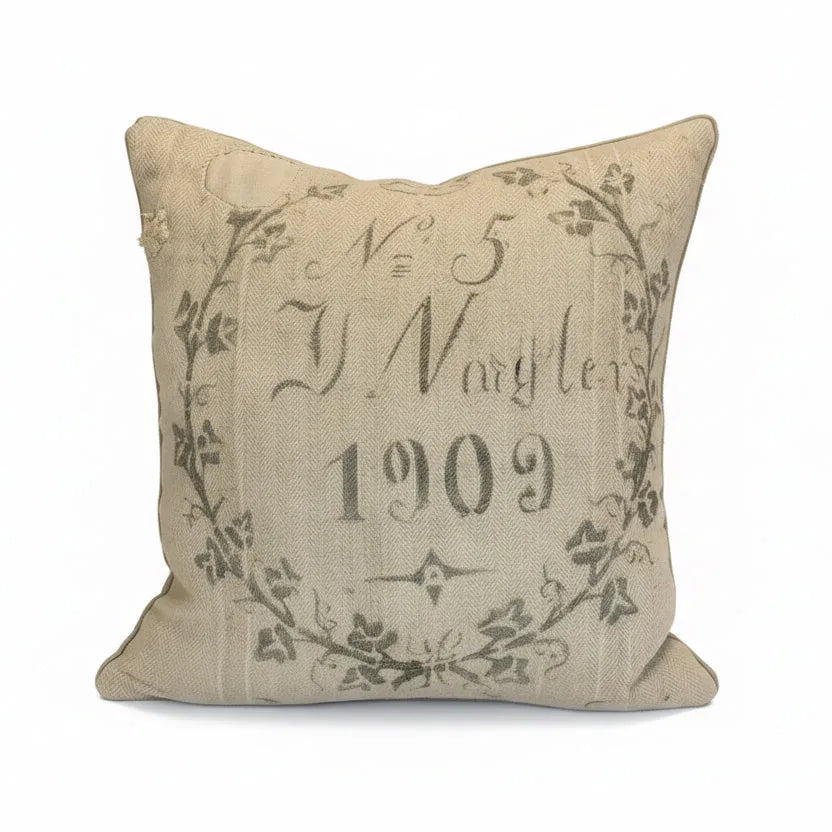 Small Antique Grainsack Pillow Stamped - Blue Springs Home