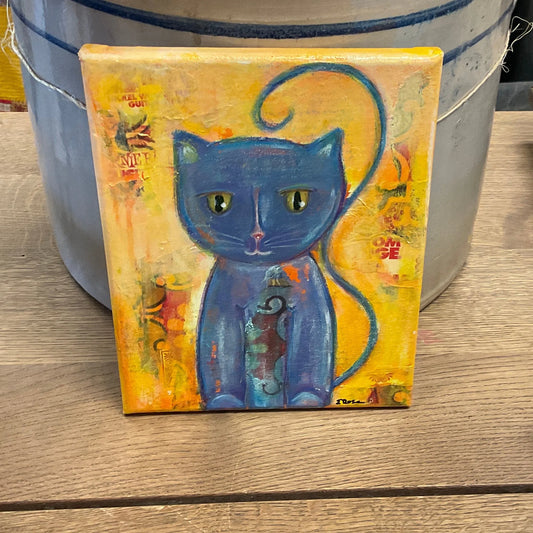Folk Art Blue Kitty Painting 8x10 - Blue Springs Home