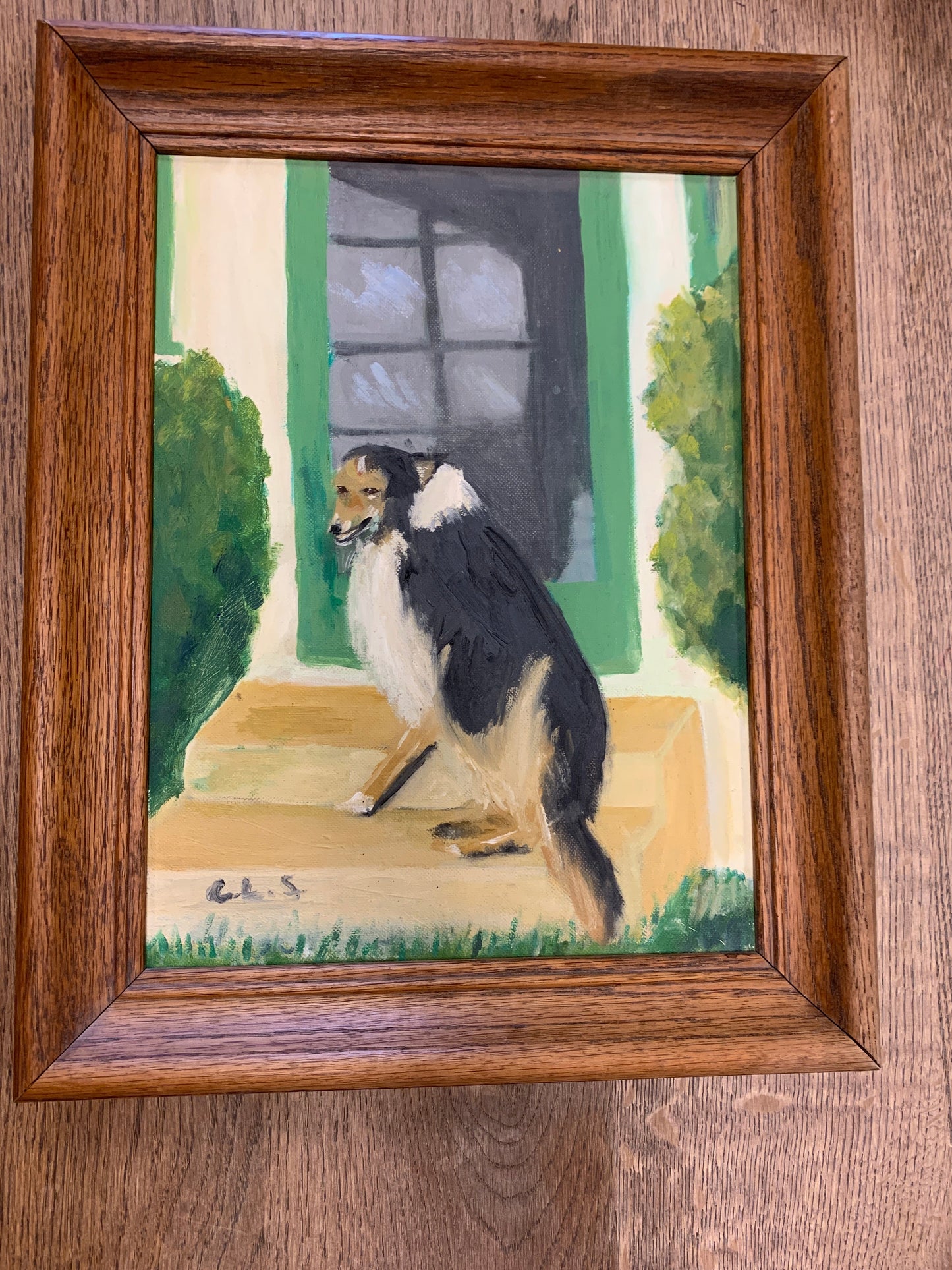 vtg art collie dog on porch JP
