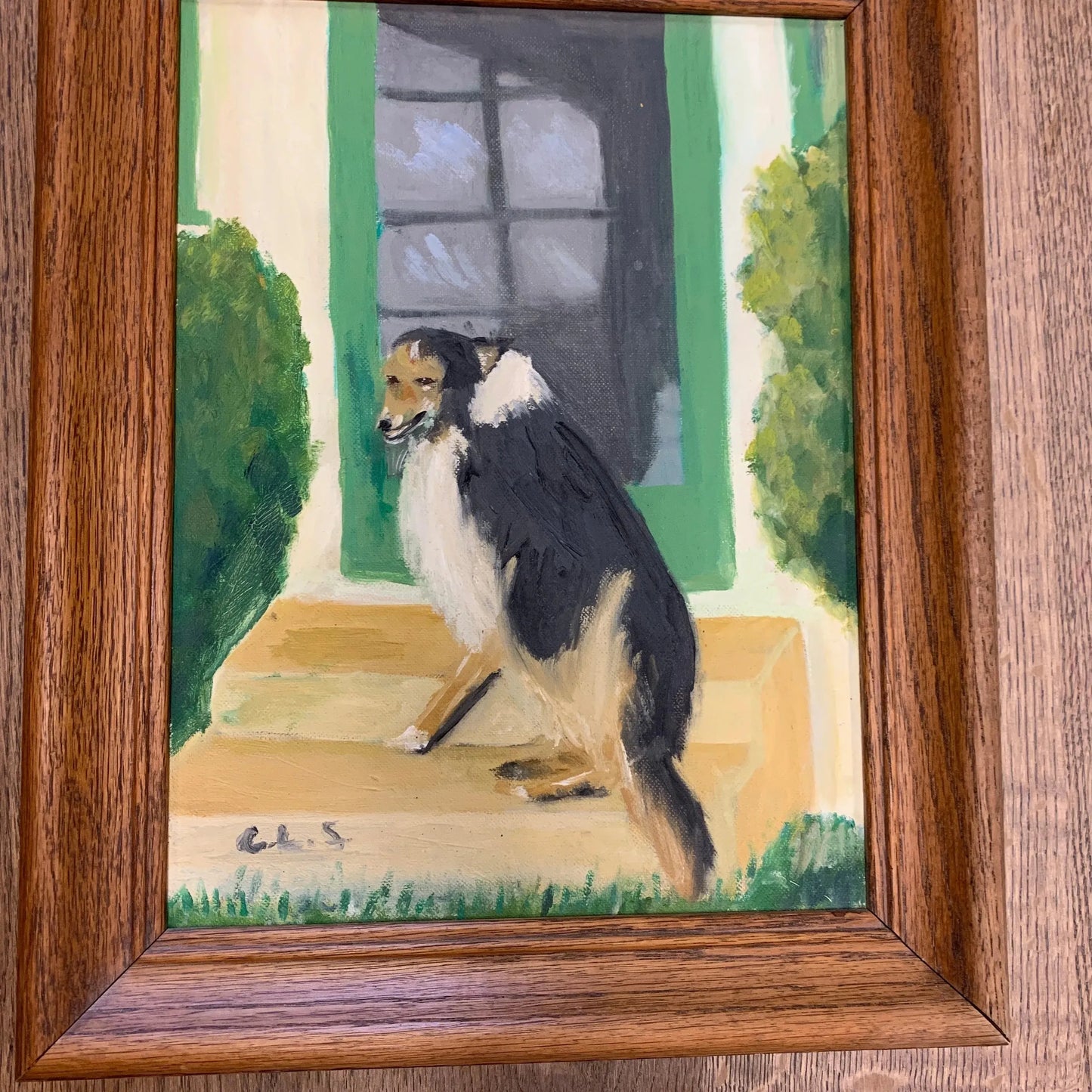 vtg art collie dog on porch JP