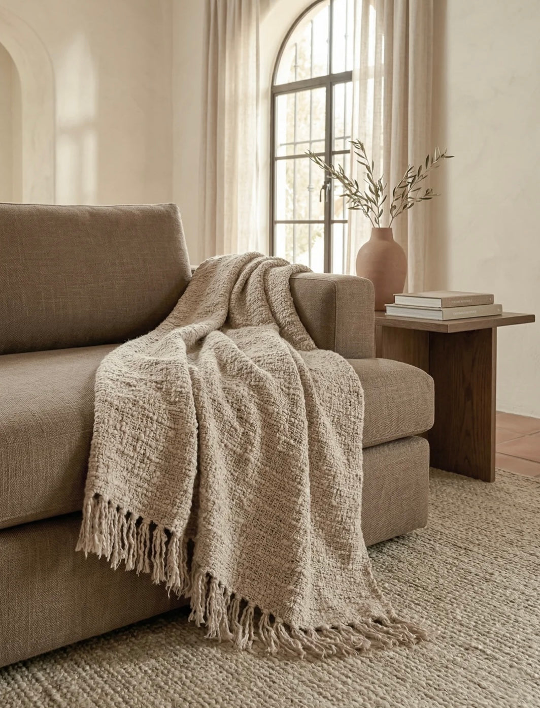 Cozy Cotton Boucle Fringe Throw Blanket