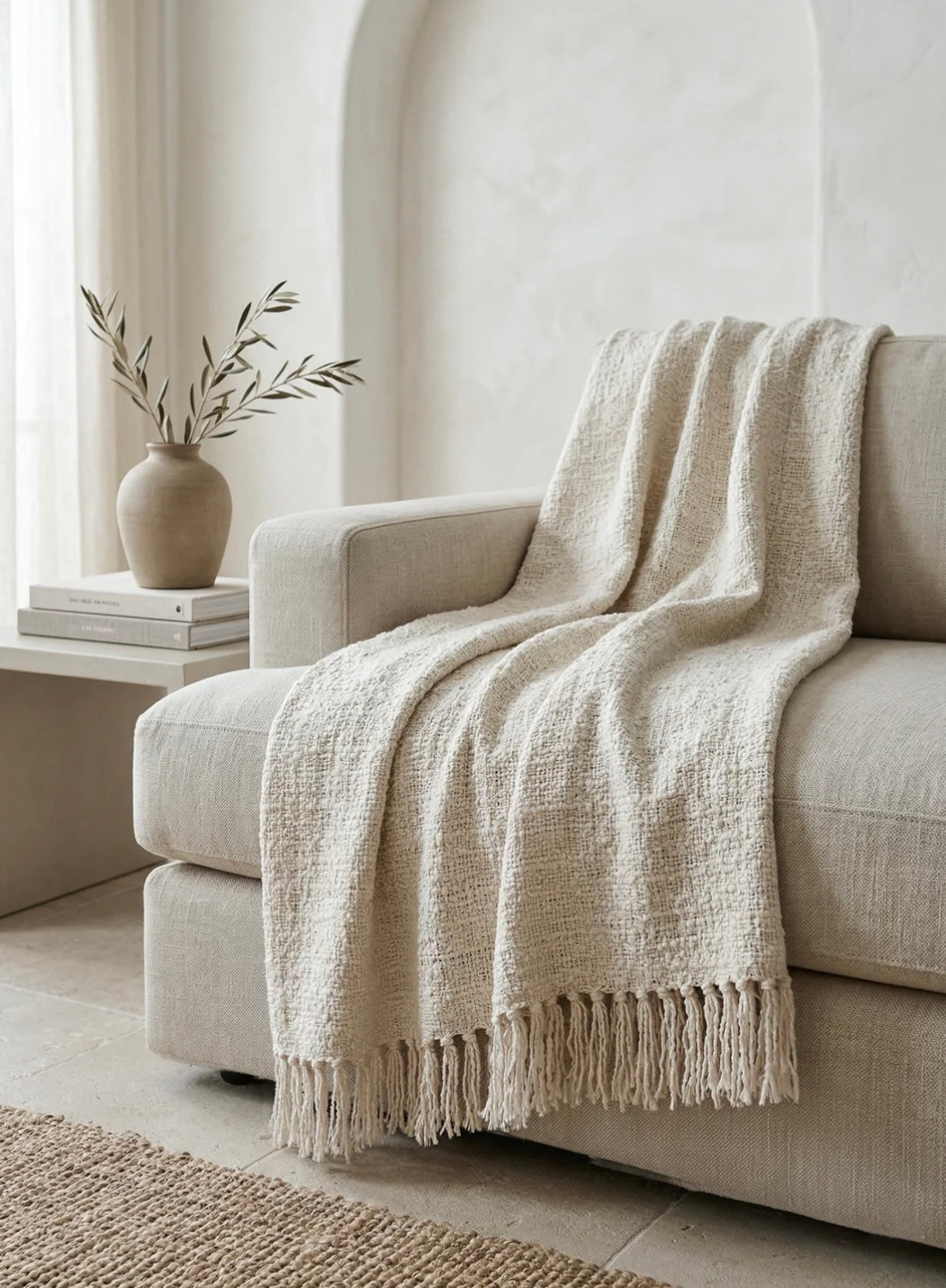 Cozy Cotton Boucle Fringe Throw Blanket