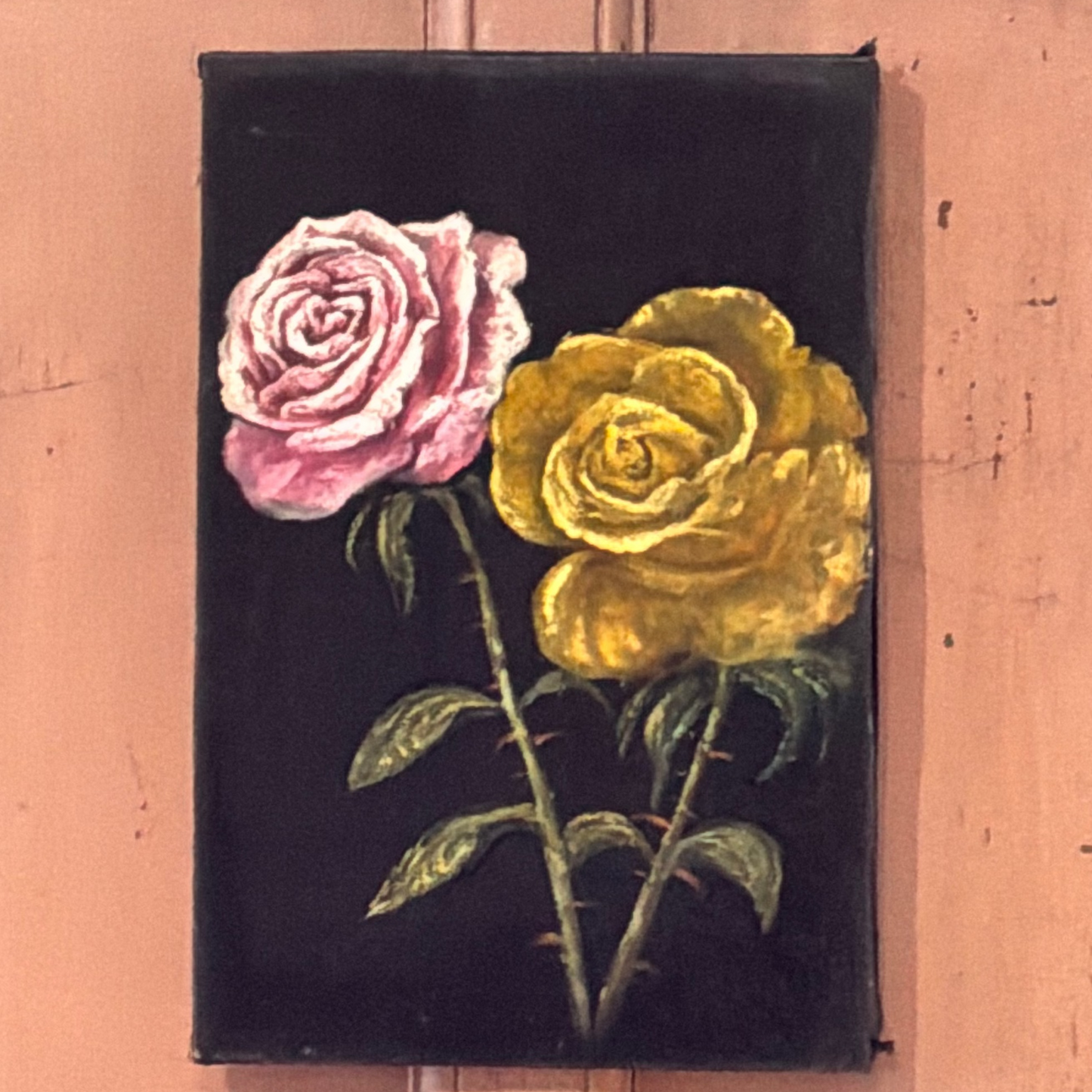 Vintage Velvet Rose Painting ~ Pink Yellow