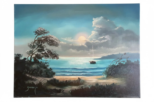 Vintage Barbazon Moonlit Beach Oil Painting Signed