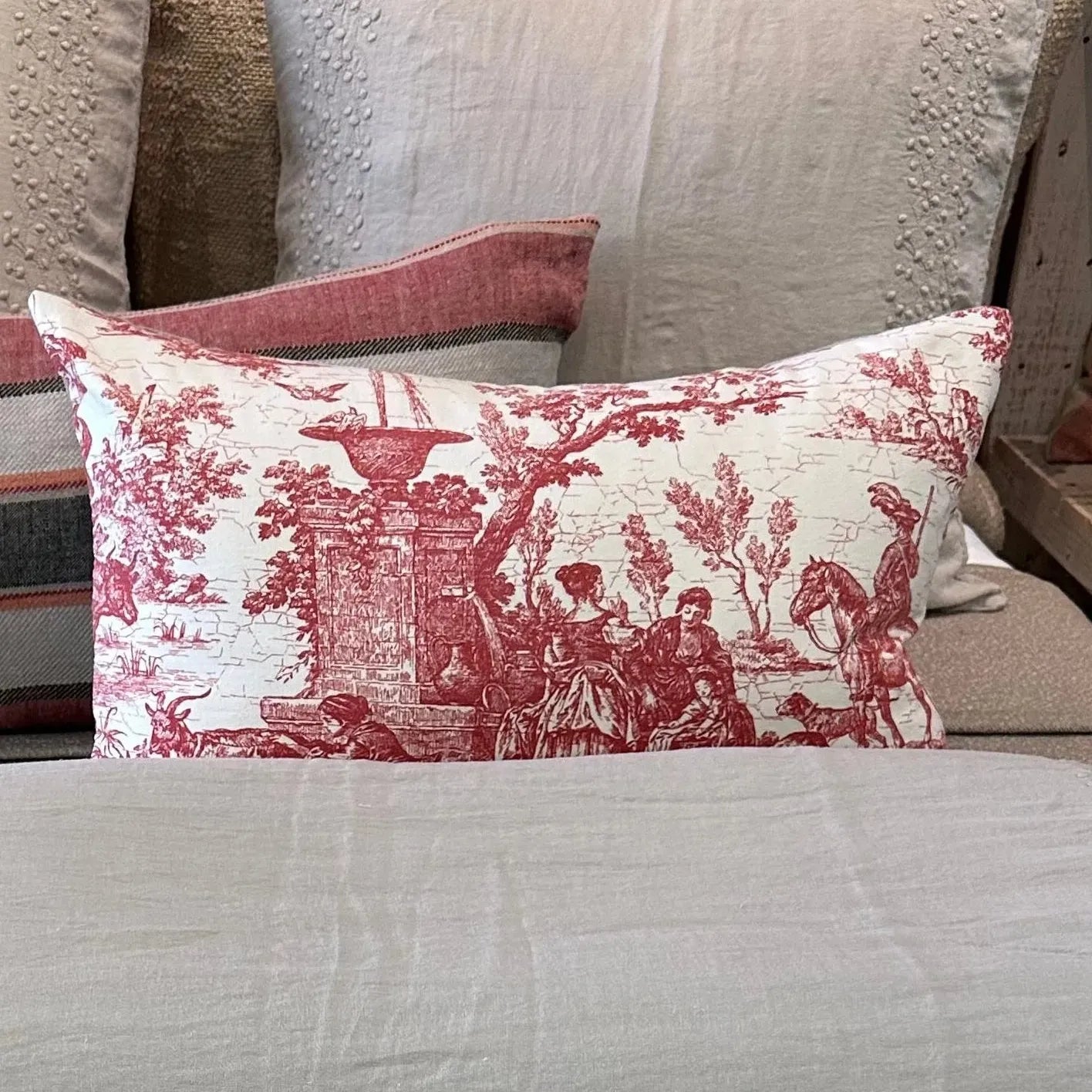 Red Antique fabric toile pillow lumbar