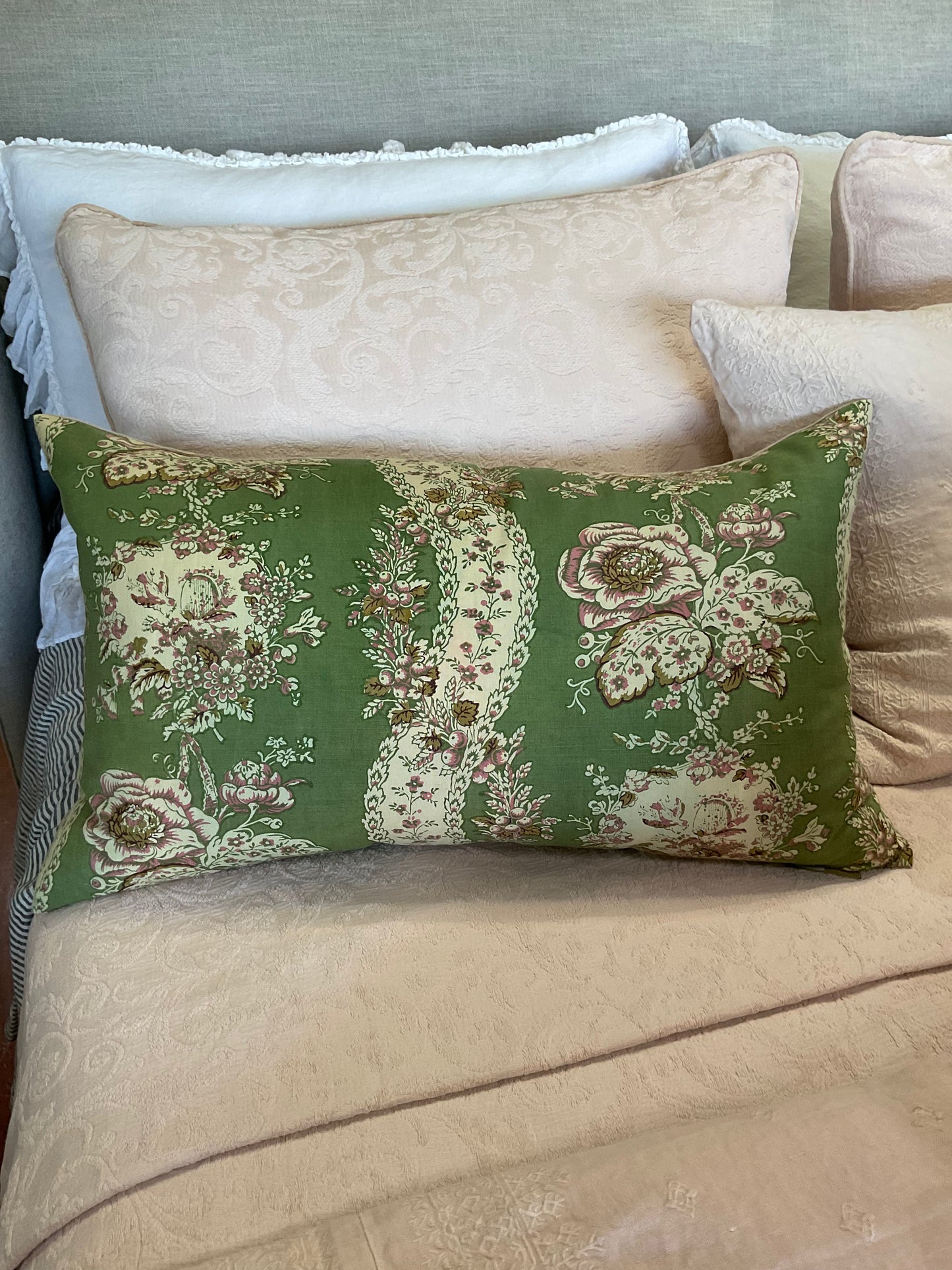 Green Pink Floral Bolster 18x30