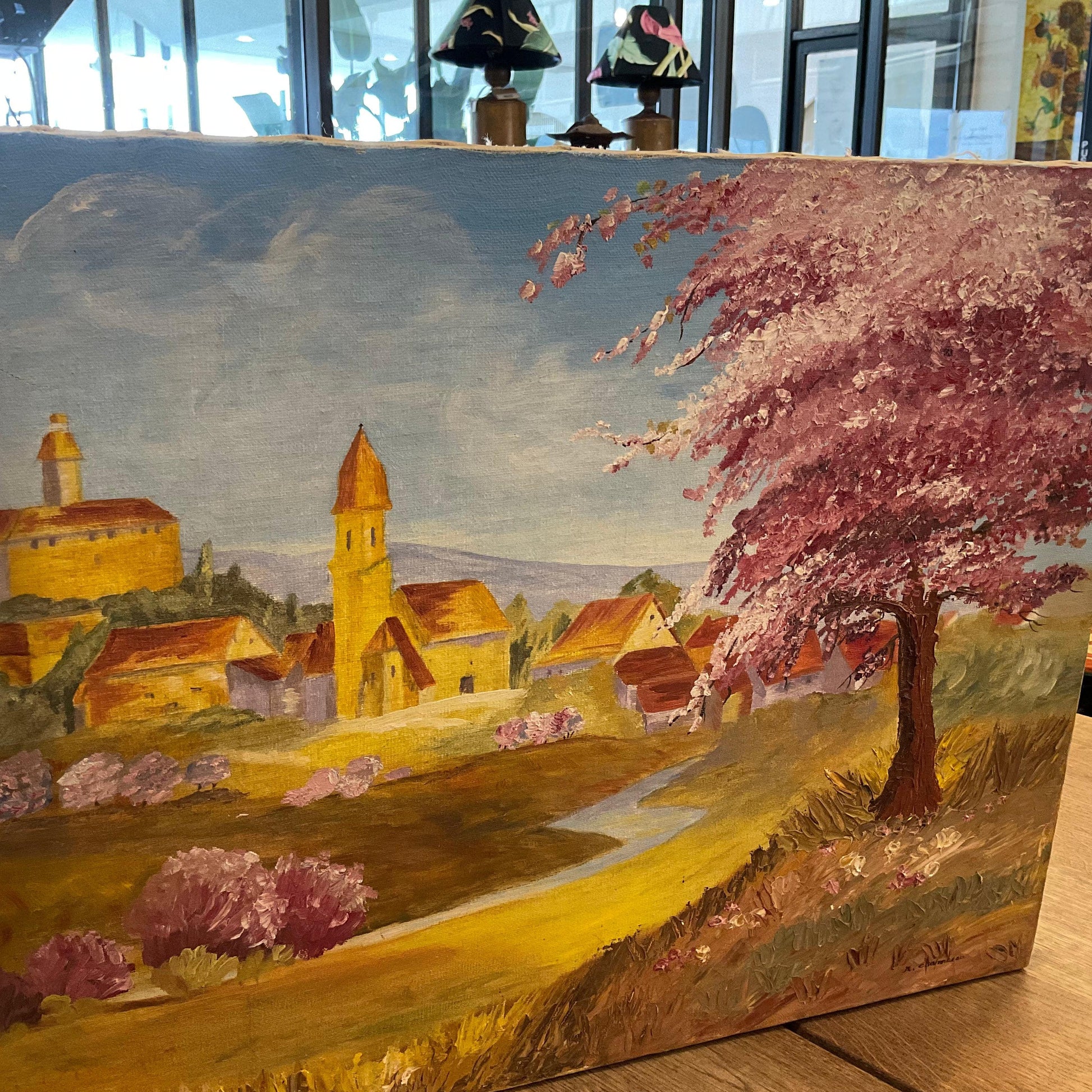 Vtg Pink trees golden village painting - Blue Springs Home