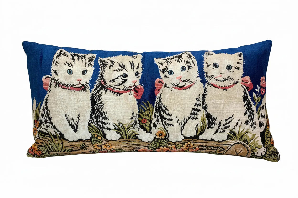 VTG Italy Silk Velvet White Kittens 18x38