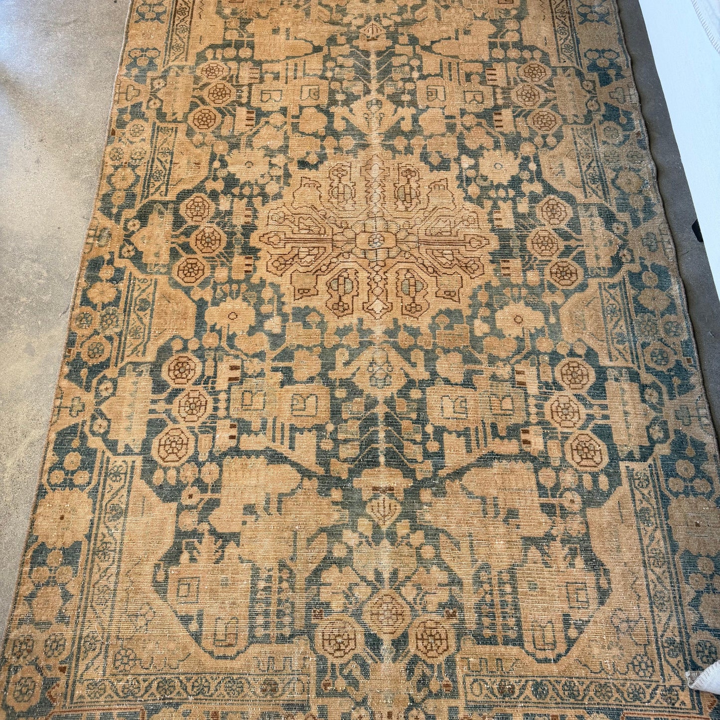 Vintage Persian Tan & Light Teal Rug 92”x57” - Blue Springs Home