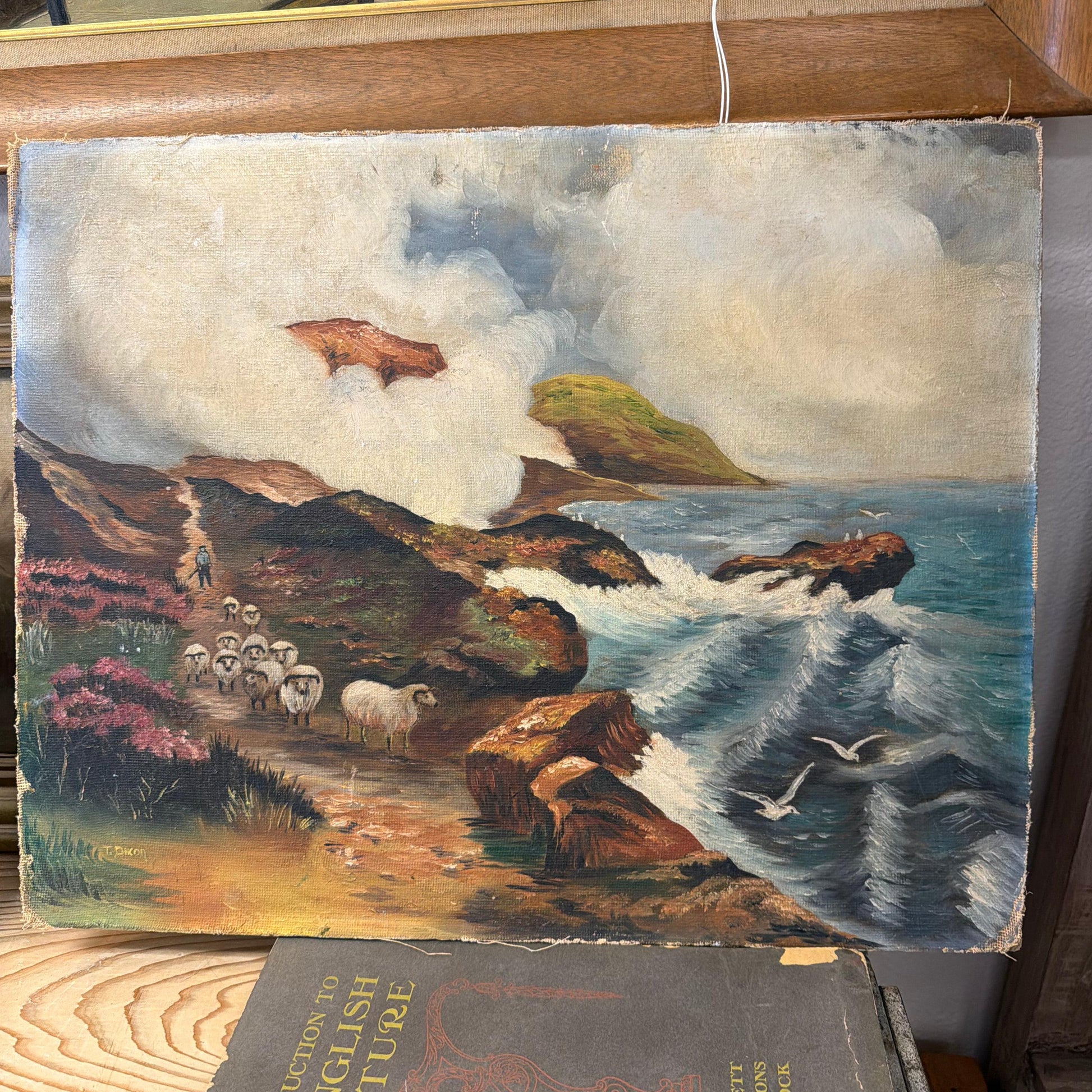 Antique oil painting Sheep on Ocean Cliff - Blue Springs Home
