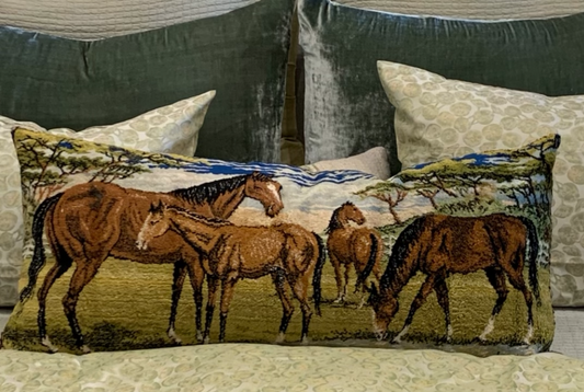 Vintage Tapestry Pillow Horses in Pasture
