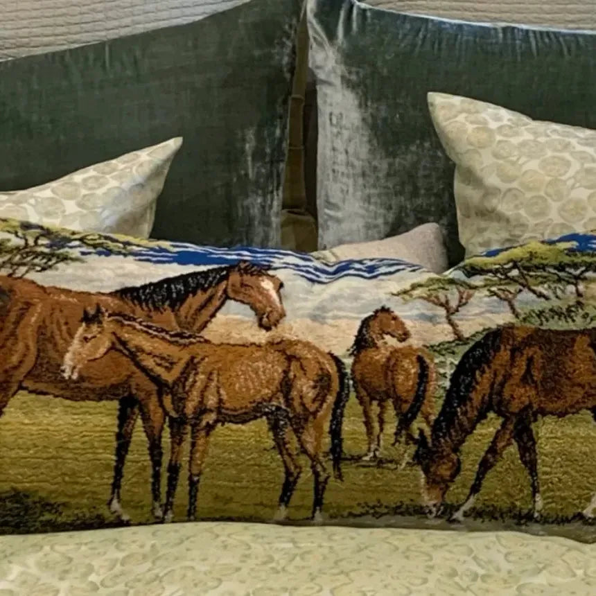 Vintage Tapestry Pillow Horses in Pasture - Blue Springs Home