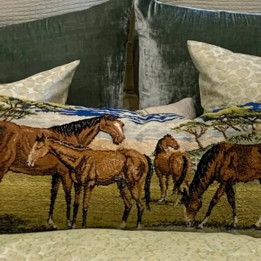 Vintage Tapestry Pillow Horses in Pasture
