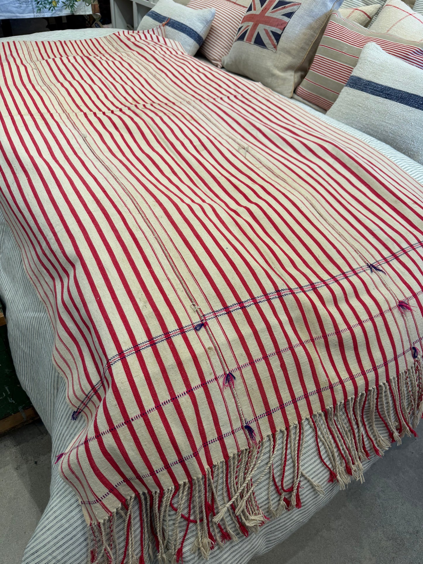 Vintage Hungarian red/white stripe textile throw w/fringe