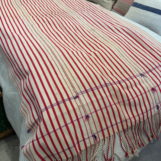 Vintage Hungarian red/white stripe textile throw w/fringe - Blue Springs Home