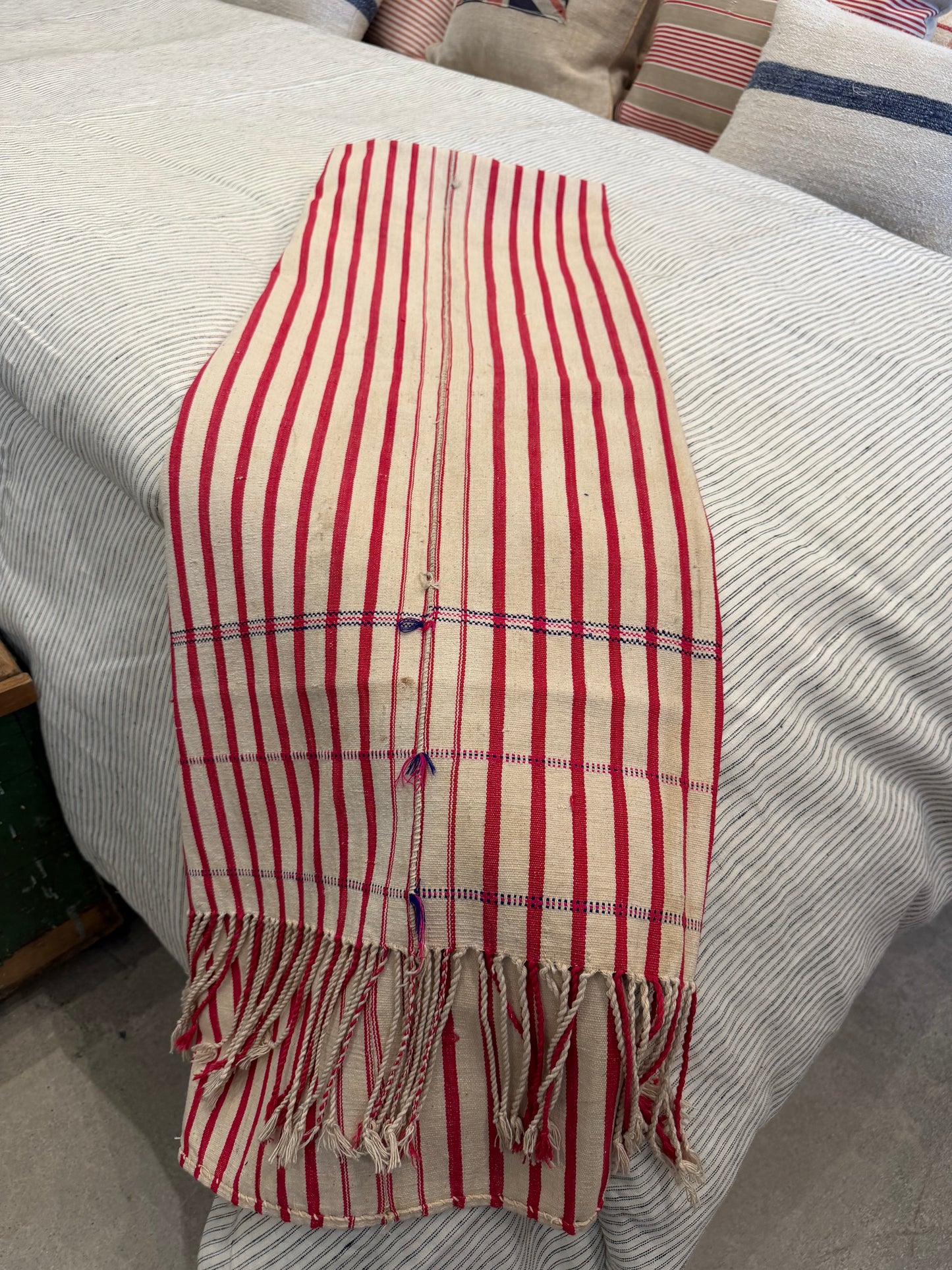 Vintage Hungarian red/white stripe textile throw w/fringe