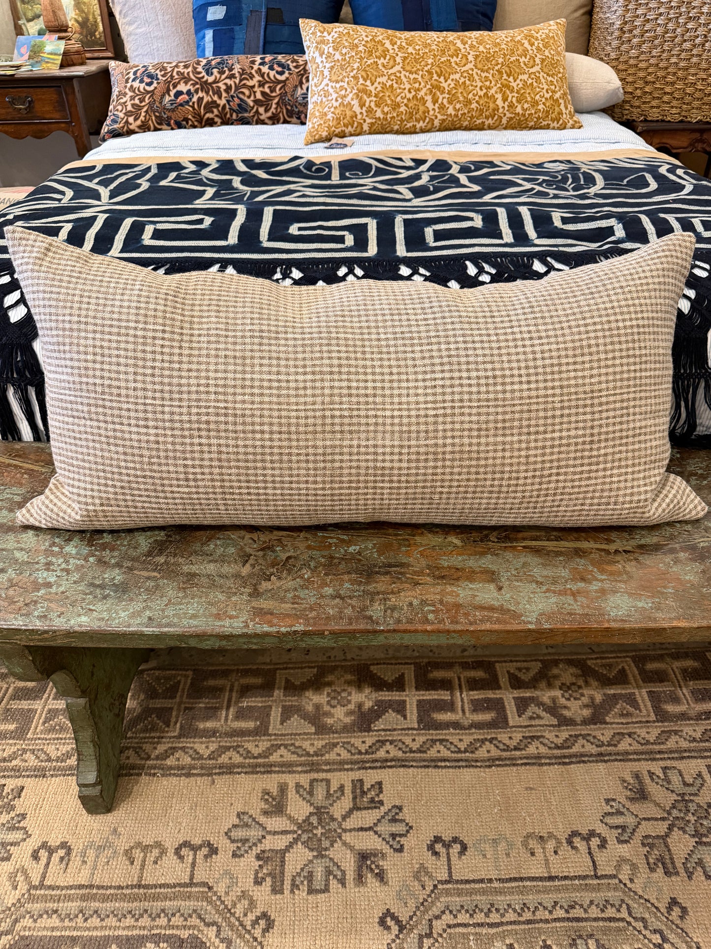 Antique Hemp Mini Brown Check Bolster 16x34