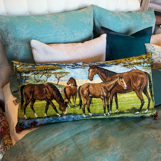 VTG Tapestry pillow Horses in Pasture Green