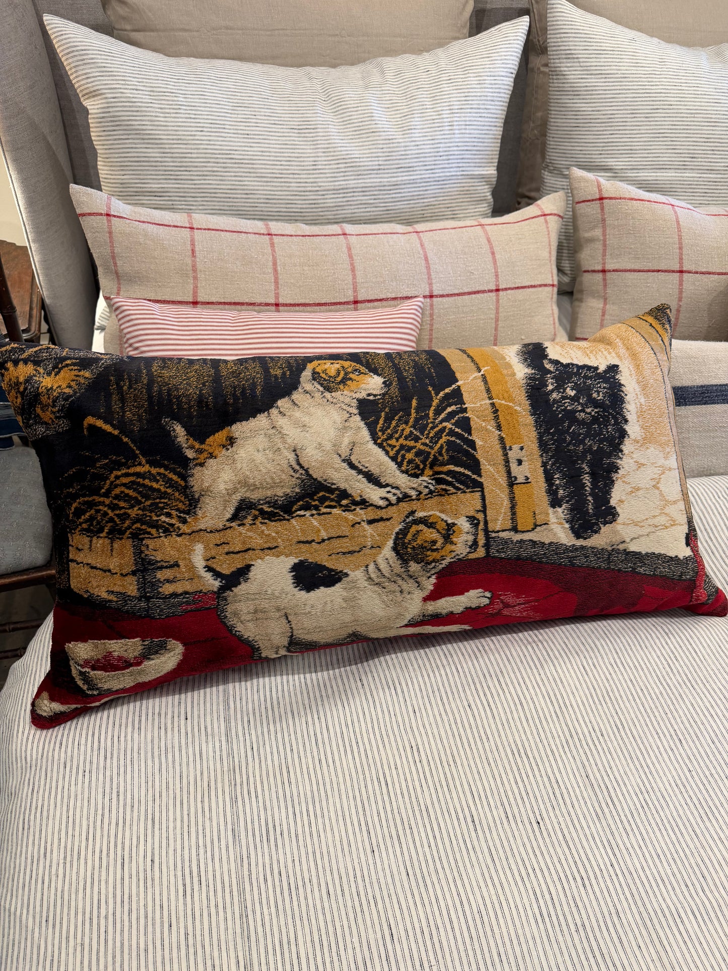 VTG Tapestry pillow Terriers & Black Cat
