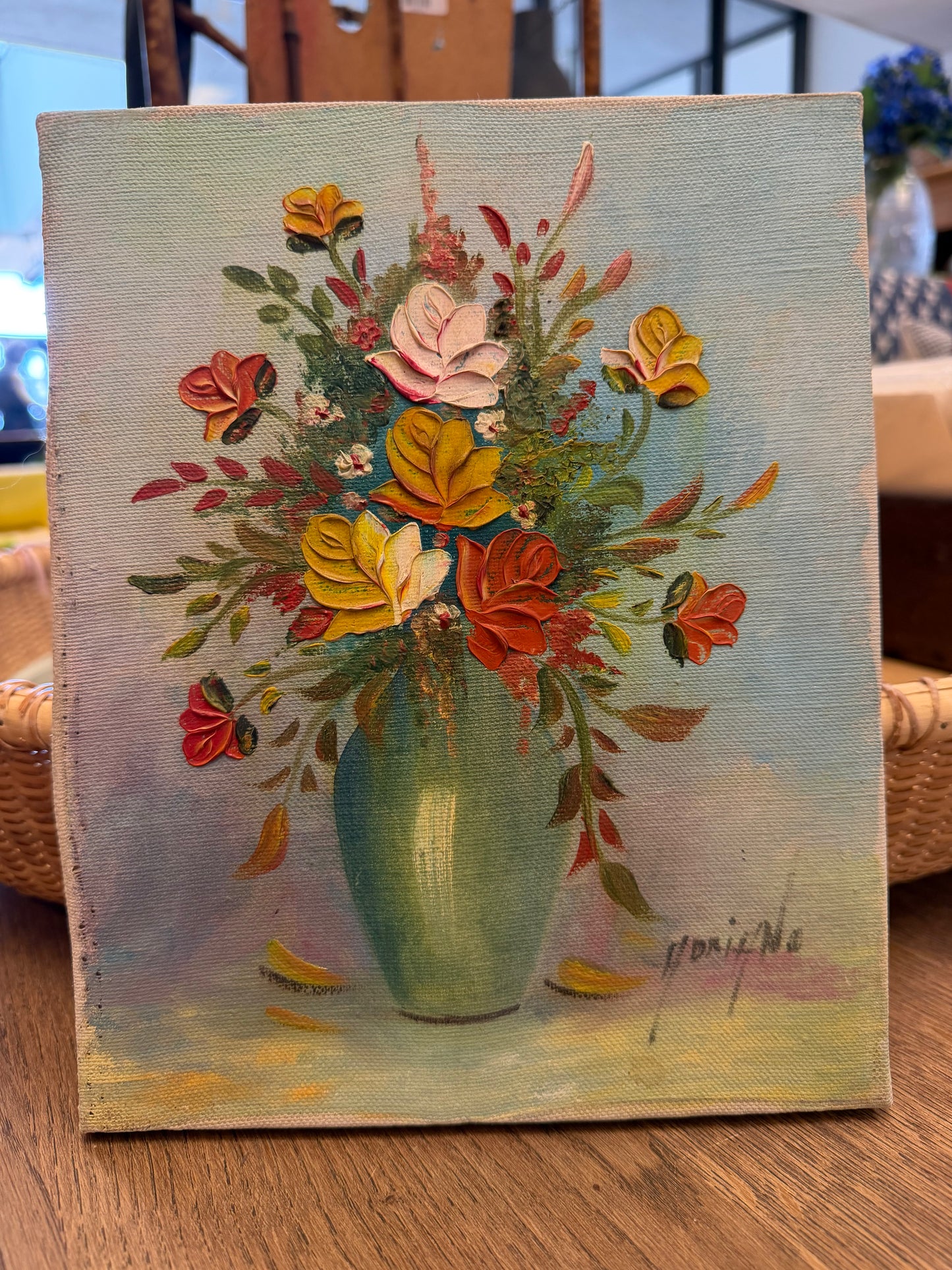 VTG Small floral vase roses painting oil 8x10