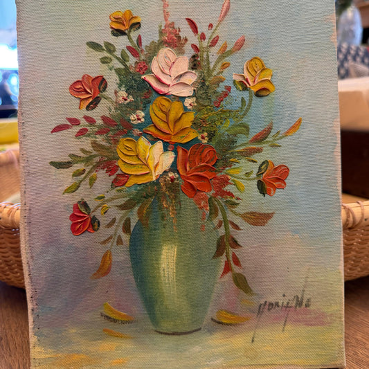 VTG Small floral vase roses painting oil 8x10