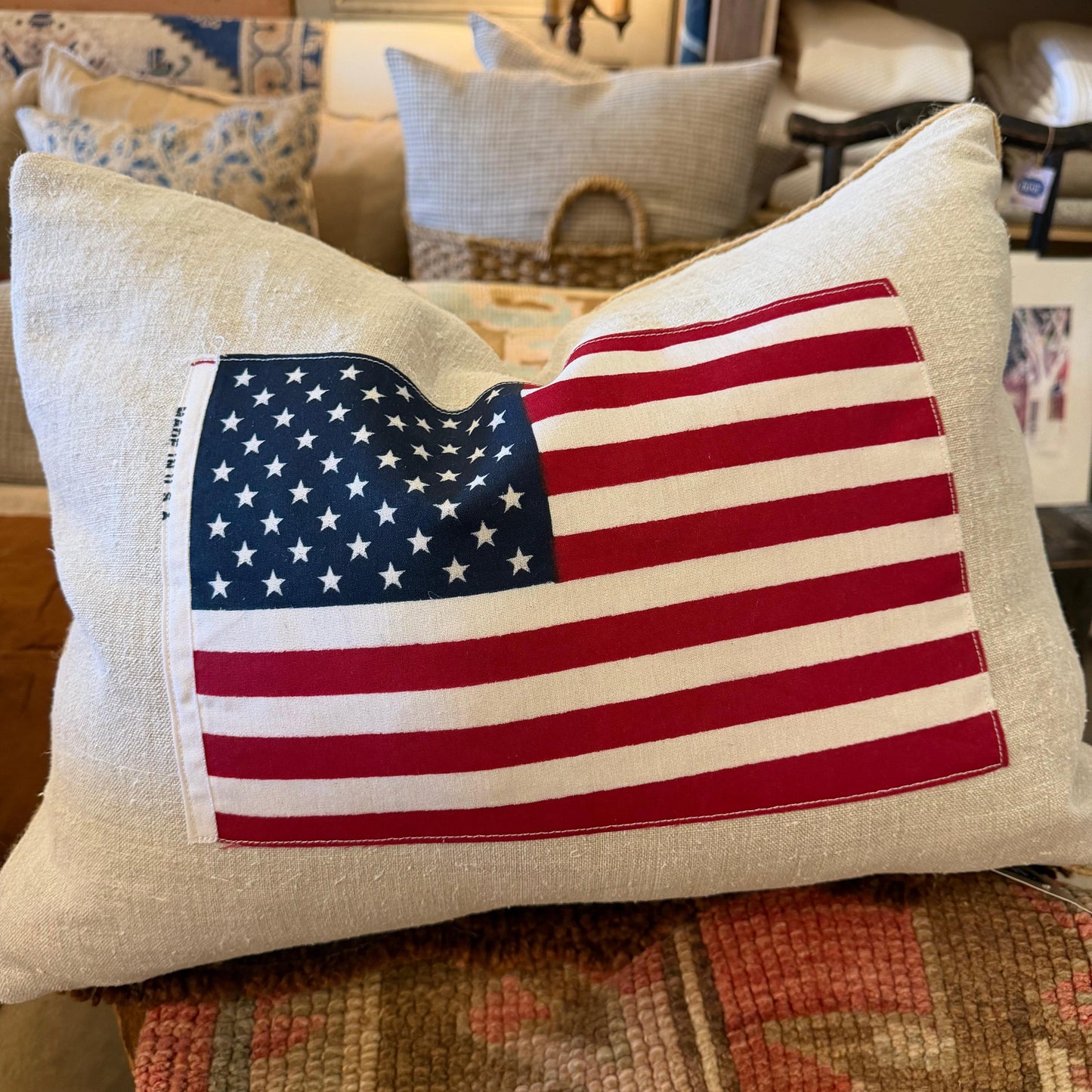 American flag pillow antique linen MED SZ