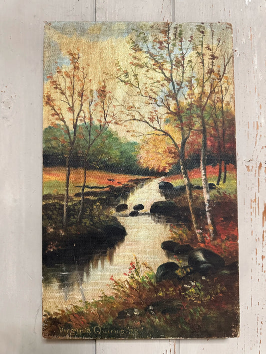 Original 9"x15" Antique Oil Painting Creek Forest Scene